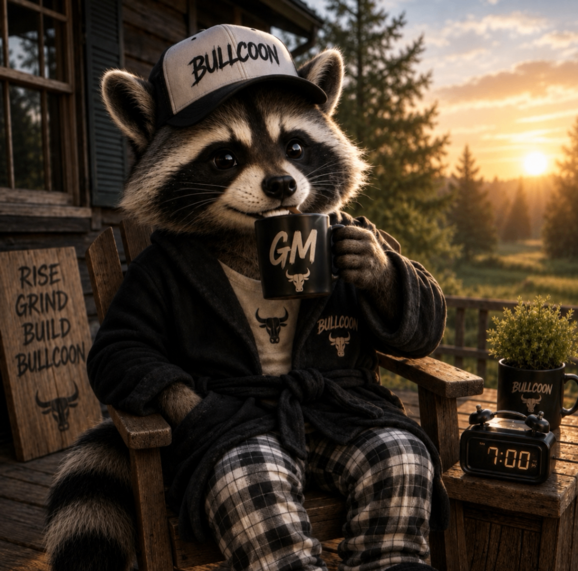 Bullcoon in a robe drinking a GM mug at sunrise